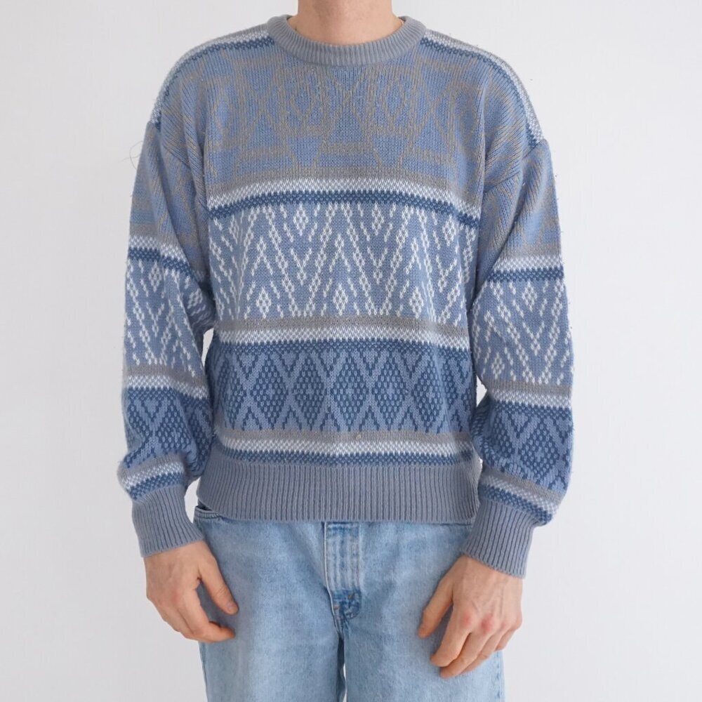 Vintage Fashion Sweaters Blue Fair Isle Crew Neck Knit EclecticSweater Medium